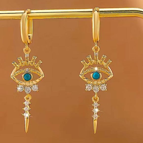 Gold 14K Evil Eye Hoop Zircon Drop Dangling Minimalist Earrings - Picture 1 of 8
